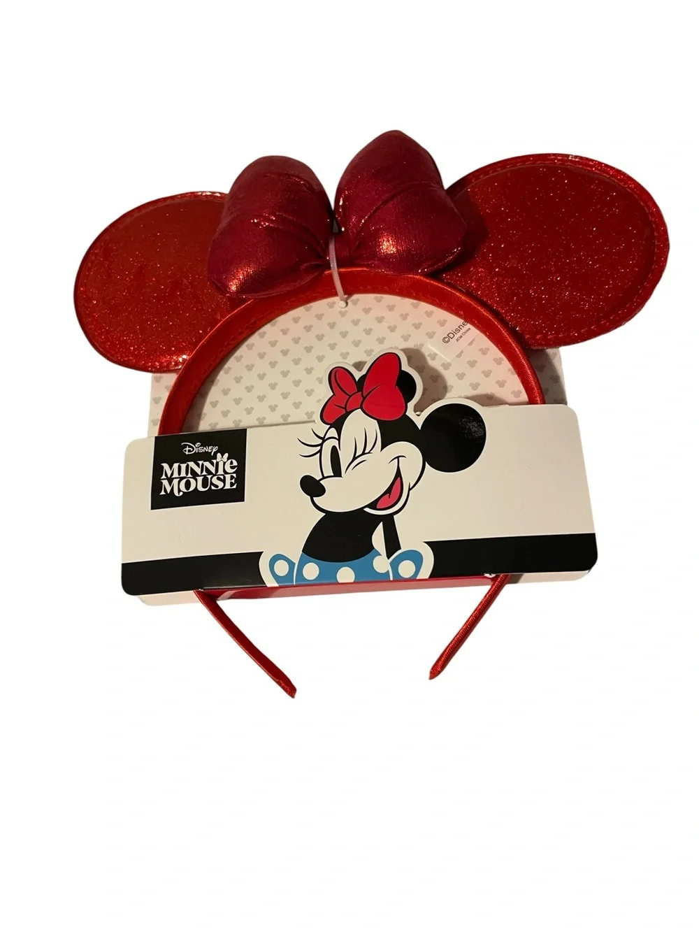 Disney Minnie Mouse Red Glitter Ear Headband with Shiny Bow